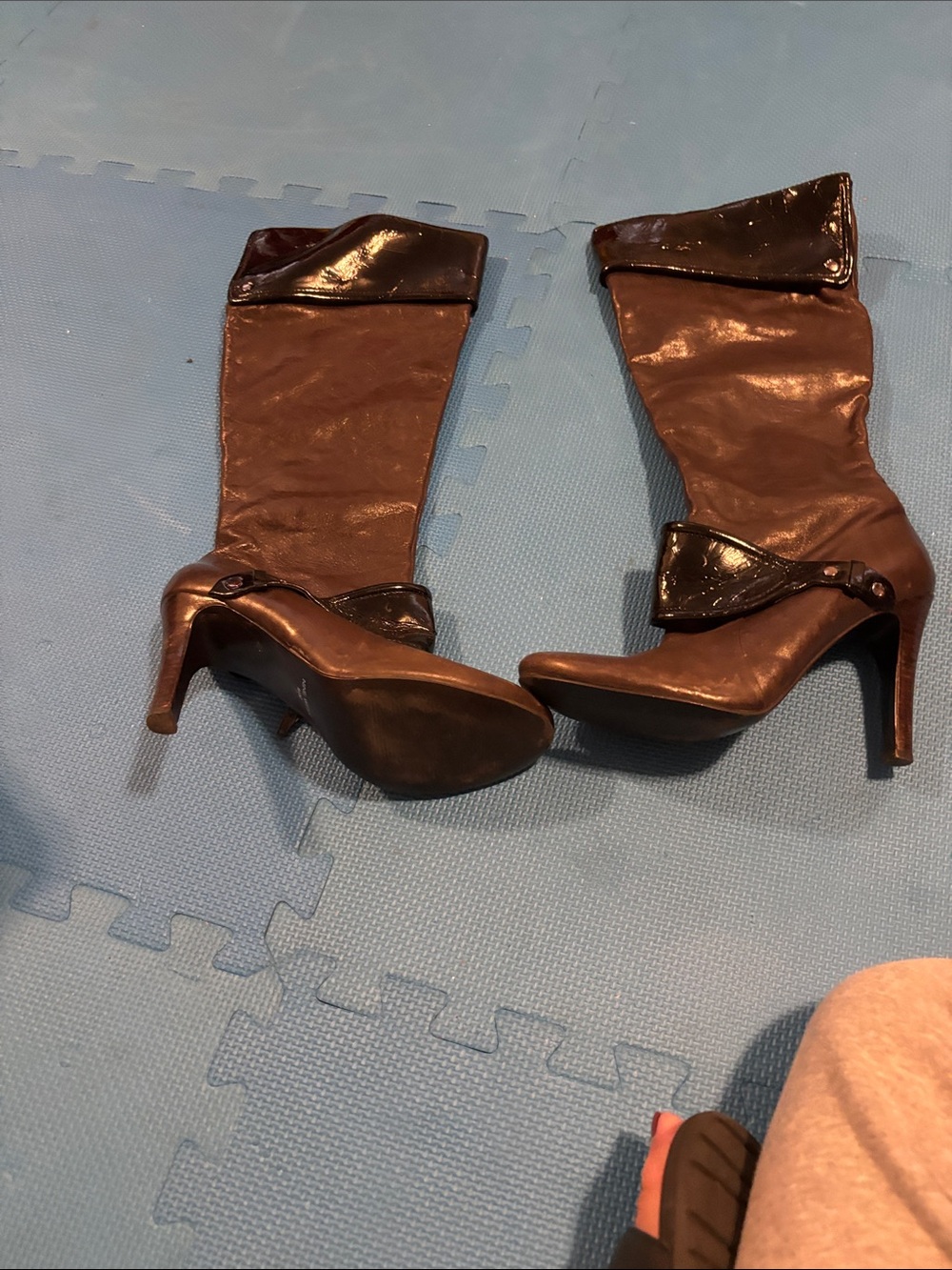 Nine West Brown Leather Knee-High Stiletto Boots with Black Strap